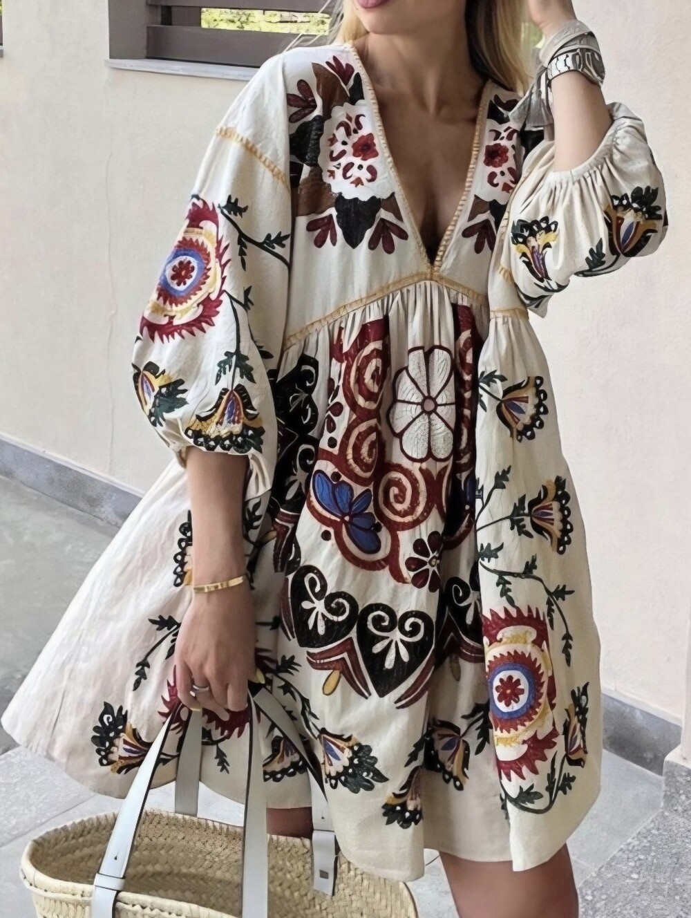 ZARA LINEN BLEND EMBROIDERED DRESS SAND BEIGE PUFF SLEEVES Small Boho Festival